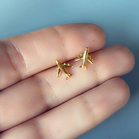 24k Gold Vermeil Tiny Stud Airplane Earrings - Picture 10 of 10